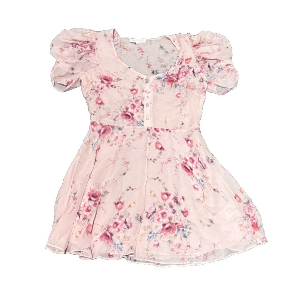 LoveShackFancy Mini Dress Small Light pink  Silk Floral Puff Sleeve Button Front